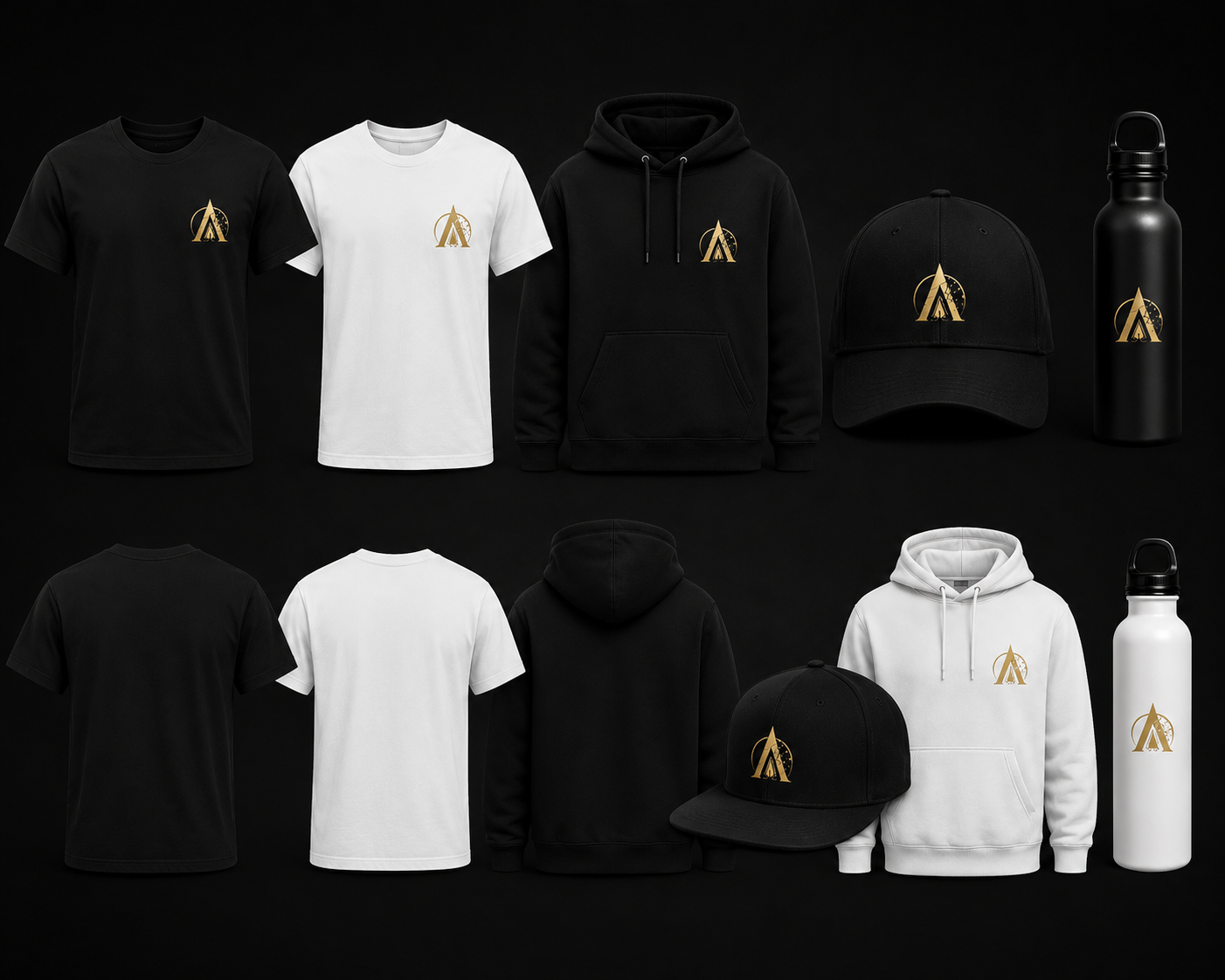 Awakening merchandise look: gold A on black and white garments